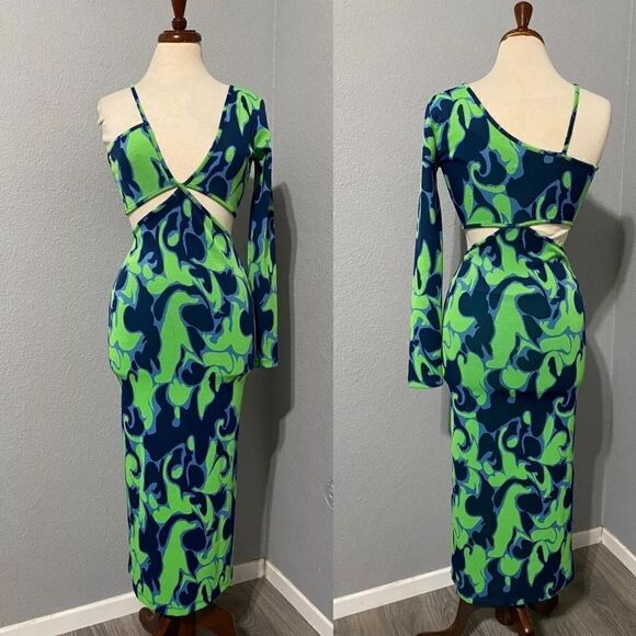 ZARA Green Asymmetric Jacquard V-Neck Dress Size S Spaghetti Strap One Sleeve - Picture 1 of 15